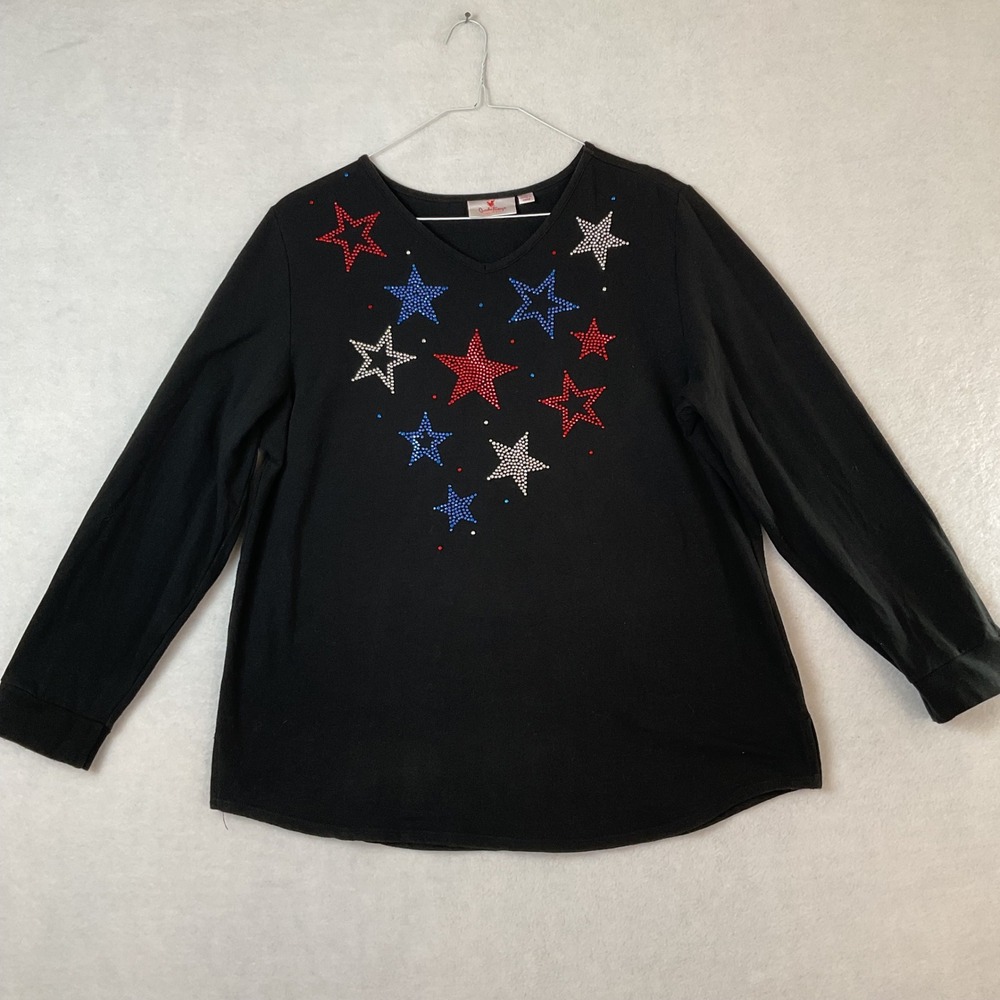 Quacker Factory Black Rhinestone Star Patriotic Top Long Sleeve V-Neck Large